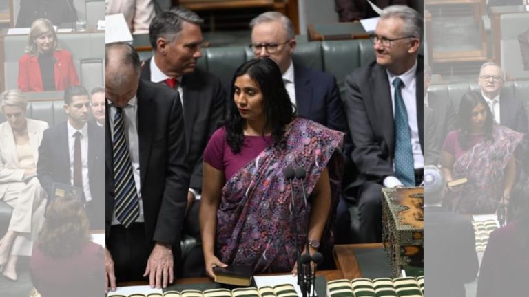 Australian Indigenous art meets Indian tradition in Zaneta Mascarenhas MP’s sari statement