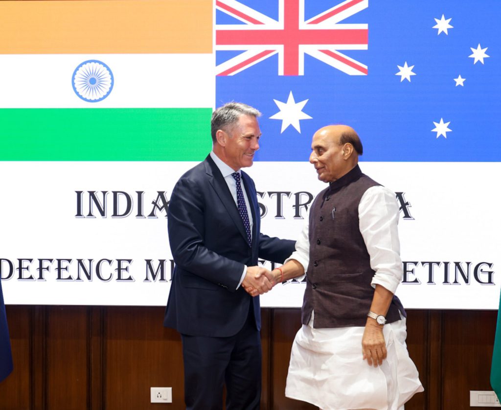 Indian Defence Minister Rajnath Singh with Deputy PM Richard Marles and Defence Minister Richard Marles (Image: X - @AusHCIndia)