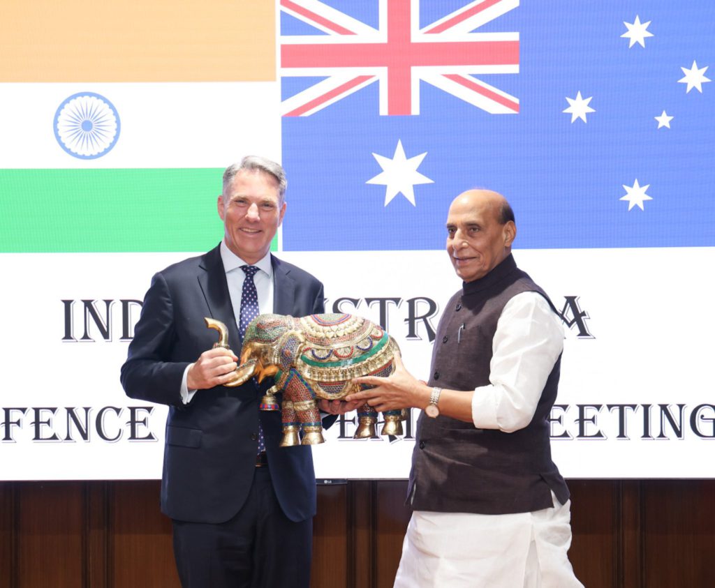 Indian Defence Minister Rajnath Singh with Deputy PM Richard Marles and Defence Minister Richard Marles (Image: X - @AusHCIndia)