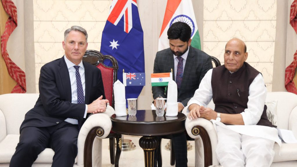 Indian Defence Minister Rajnath Singh with Deputy PM Richard Marles and Defence Minister Richard Marles (Image: X - @AusHCIndia)