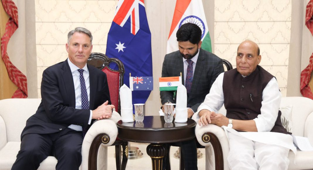 Indian Defence Minister Rajnath Singh with Deputy PM Richard Marles and Defence Minister Richard Marles (Image: X - @AusHCIndia)