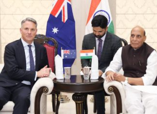 Indian Defence Minister Rajnath Singh with Deputy PM Richard Marles and Defence Minister Richard Marles (Image: X - @AusHCIndia)