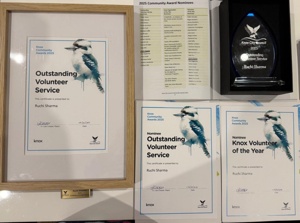 Ruchi Sharma awarded at Knox Council- Image Source- Supplied