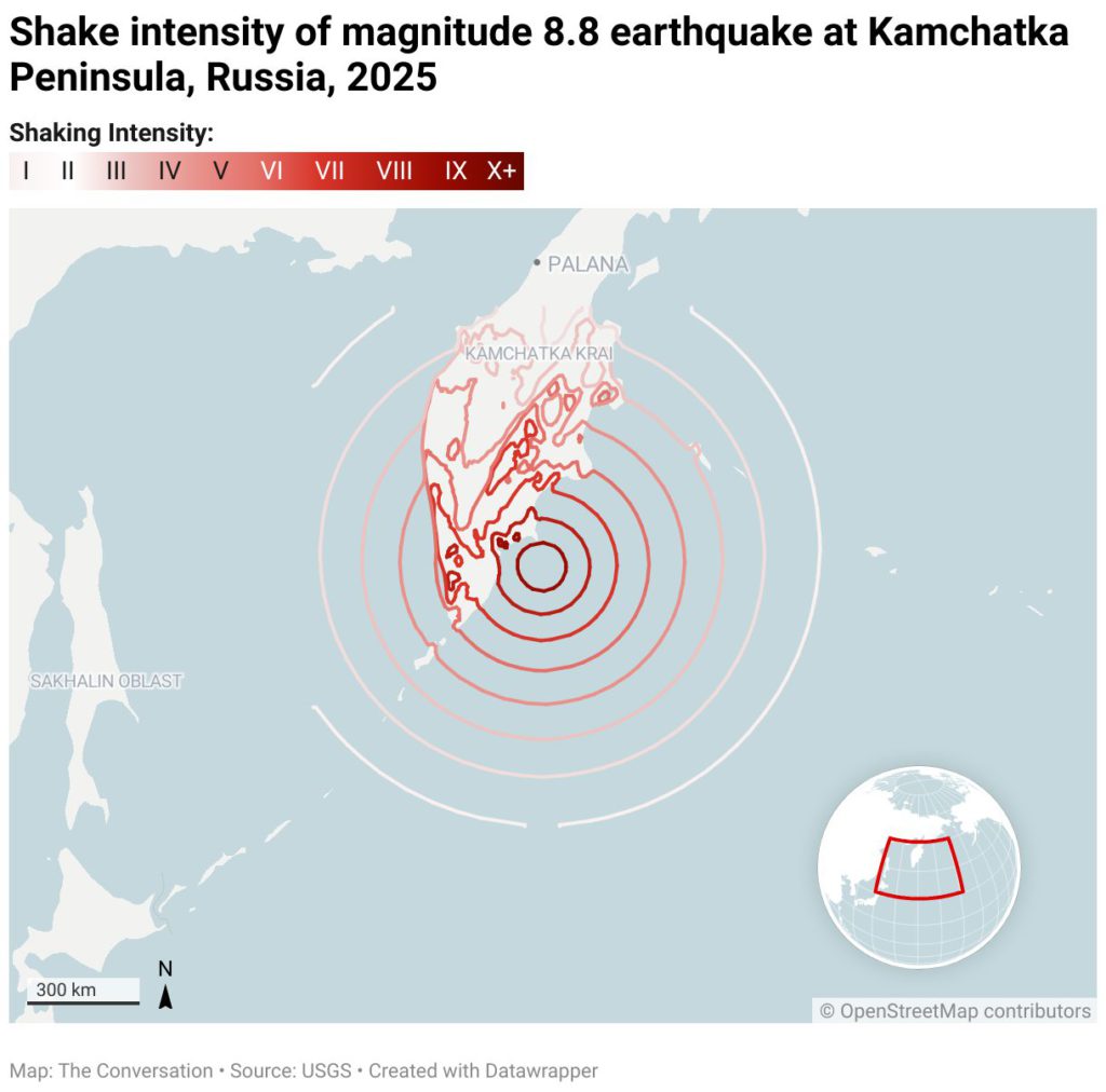 shake intensity of magnitude 8.8 earthquake at kamchatka peninsula russia 2025 4