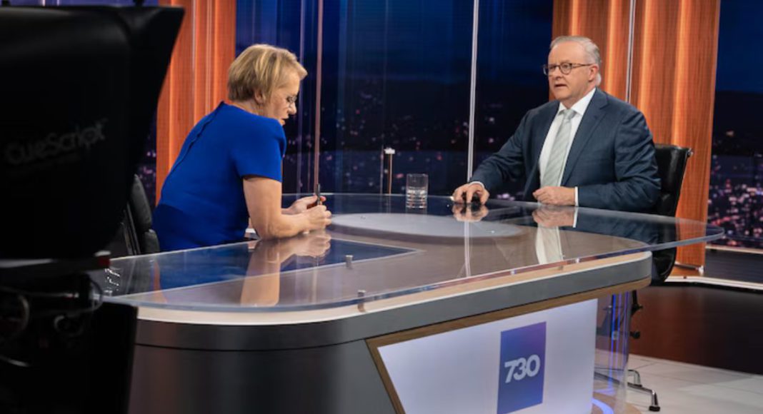 File image: Sarah Ferguson interviews Prime Minister Anthony Albanese on 7.30 (Source: ABC News / Photo: Richard Malone)