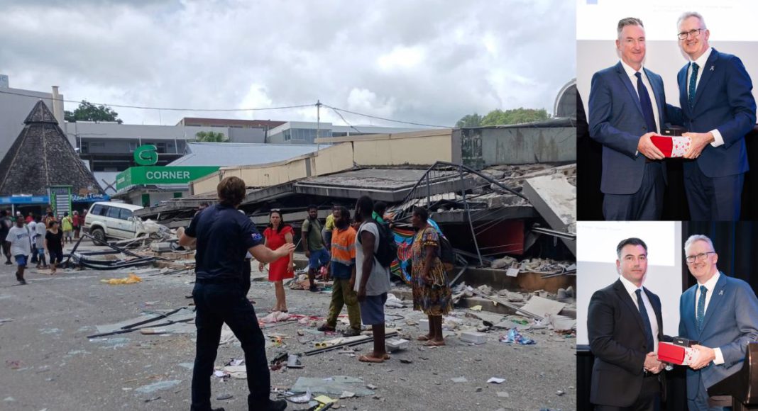Image: AFP Sergeant Aaron Cox and Inspector Peter Murphy recognised for their bravery in the aftermath of the 7.3 magnitude earthquake that devastated Port Vila, Vanuatu, in December 2024 (Source: AFP - Facebook)