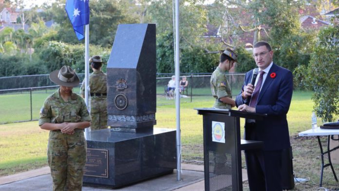 Image: Julian Leeser MP speaking at the ANZAC Jawan Cenotaph, Cherrybrook for their ANZAC service, hosted by the Australia India Cenotaph Committee and Hornsby RSL Sub-branch (Source: Supplied)