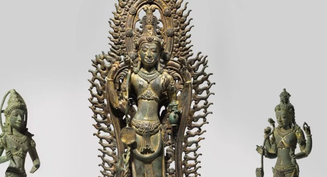 Image: Champa Kingdom, Avalokiteshvara Padmapani, Vajrapani and Avalokiteshvara Padmapani, 9th–11th century, National Gallery of Australia, Kamberri/Canberra, Acquired 2011, deaccessioned 2021, repatriated 2023, On loan from the Kingdom of Cambodia, 2023–2026.