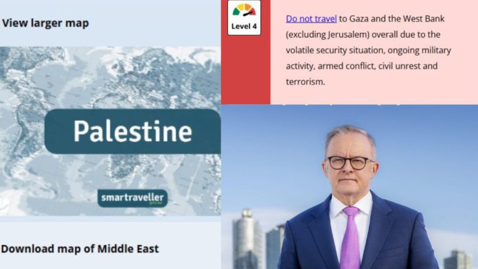 Image: Smartraveller advisory page devoted to Palestine (Source: Website) and Prime Minister Anthony Albanese (Source: X)