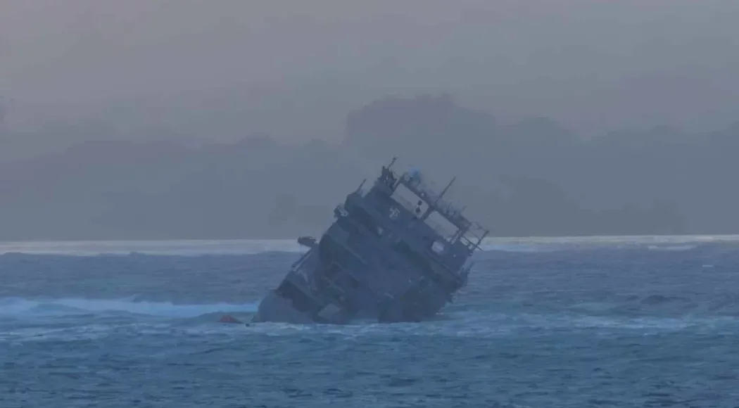 The navy vessel ran aground on a reef off the south coast of Upolu and then sank a year ago. Photo: Profile Boats / RNZ