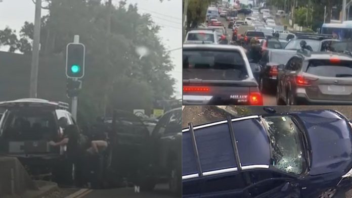 Image: Dramatic arrest and at least three bullet holes were visible on the Mercedes (Source: 7 News screenshots)