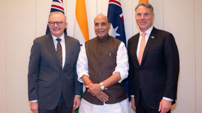 Image: Prime Minister Anthony Albanese, Deputy Prime Minister Richard Marles, and India’s Defence Minister Rajnath Singh (Source: X)