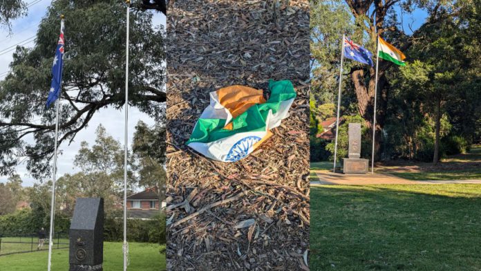 Image: Indian flag disrespected at ANZAC Jawan Cenotaph in Cherrybrook (Source: Supplied)