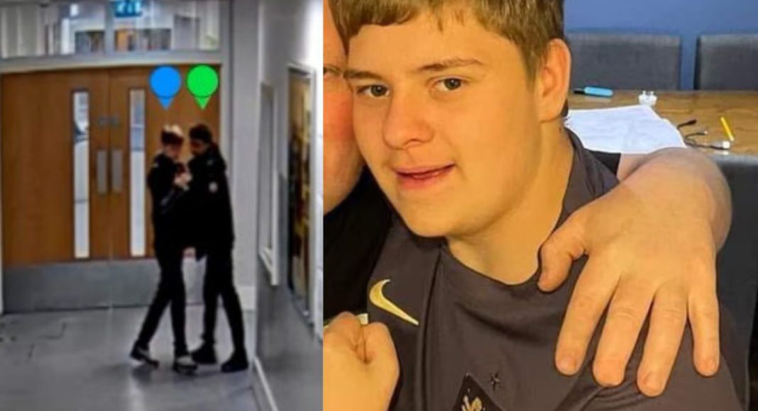 Image: CCTV footage shows the defendant pushing Harvey in a corridor and later wielding the murder weapon in the school cafeteria (Source: BBC News screenshot) and Harvey Willgoose seen here with his father, Mark, was stabbed at school during a lunchbreak (Photograph: Family handout/PA - Source: The Guardian screenshot)