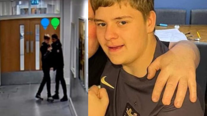 Image: CCTV footage shows the defendant pushing Harvey in a corridor and later wielding the murder weapon in the school cafeteria (Source: BBC News screenshot) and Harvey Willgoose seen here with his father, Mark, was stabbed at school during a lunchbreak (Photograph: Family handout/PA - Source: The Guardian screenshot)