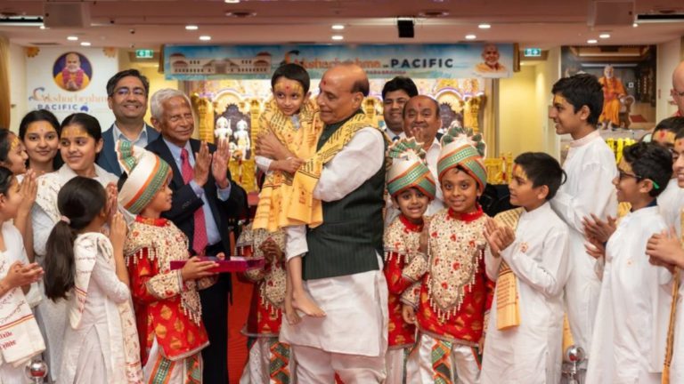 Defence Minister Rajnath Singh visits Sydney’s BAPS Temple, praises India’s global progress
