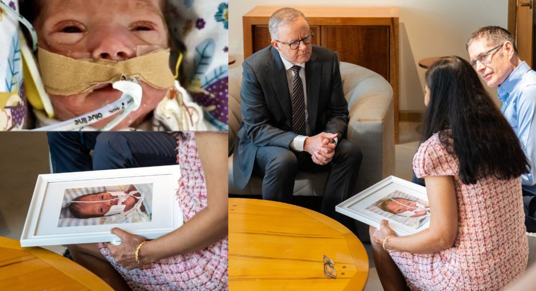 Image: Prime Minister Anthony Albanese meets with baby Priya's mother (Source: X)