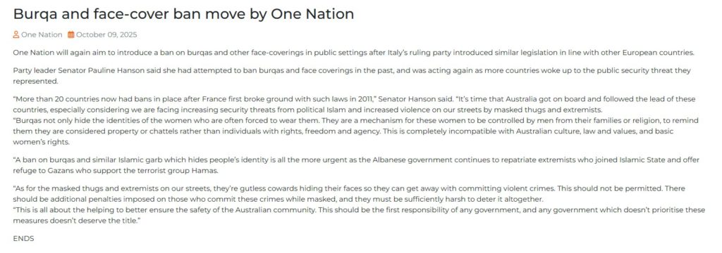 One Nation leader Pauline Hanson renews push to ban burqas and face coverings in Australia 3 Screenshot 2025 10 09 183548 3