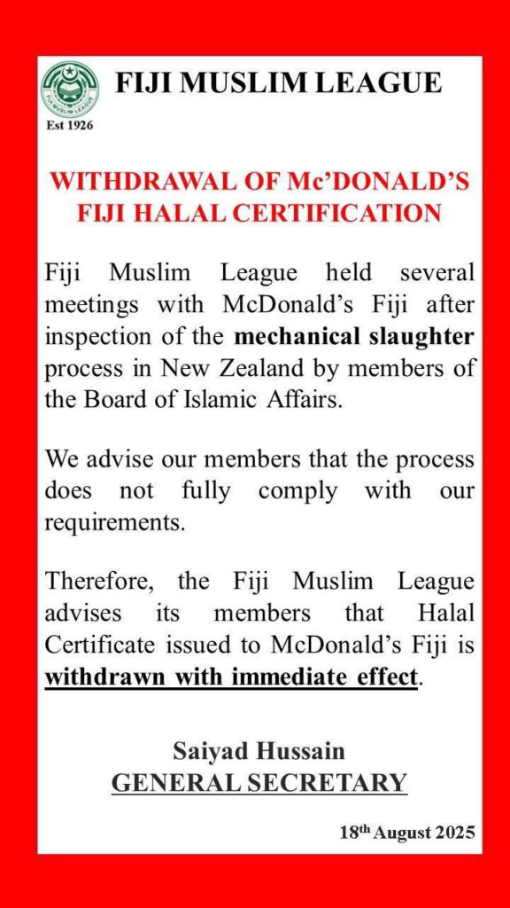Fiji Muslim League says McDonald’s not Halal despite FIANZ certification 1 WhatsApp Image 2025 10 11 at 10.06.15 AM 1