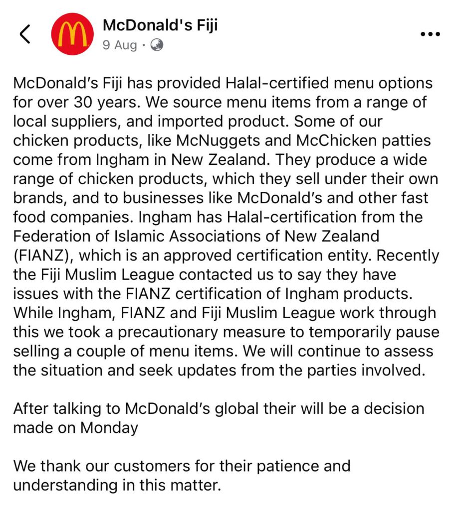 Fiji Muslim League says McDonald’s not Halal despite FIANZ certification 2 WhatsApp Image 2025 10 11 at 10.09.48 AM 2