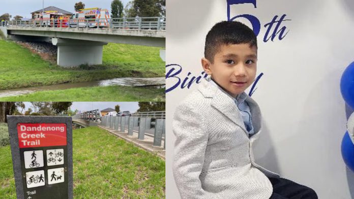 Image: Dandenong Creek (Source: ABC News screenshots) and six-year-old Farzad (Source: Daily Mail screenshot)