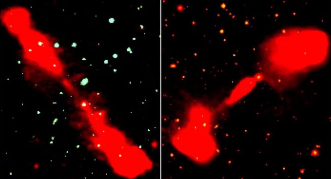 Image: Two examples of the newly discovered giant radio quasars, each spanning millions of light years. (Source: Pal, et al, 2025)