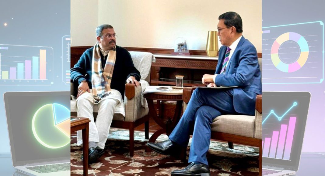 Image: UWA Vice-Chancellor Professor Amit Chakma with India's Education Minister Dharmendra Pradhan (Source: X)