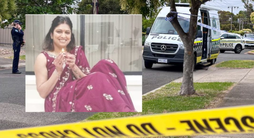 Image: Supriya Thakur (Source: The Advertiser screenshot) and Police vehicles in Northfield (Source: ABC News screenshot)