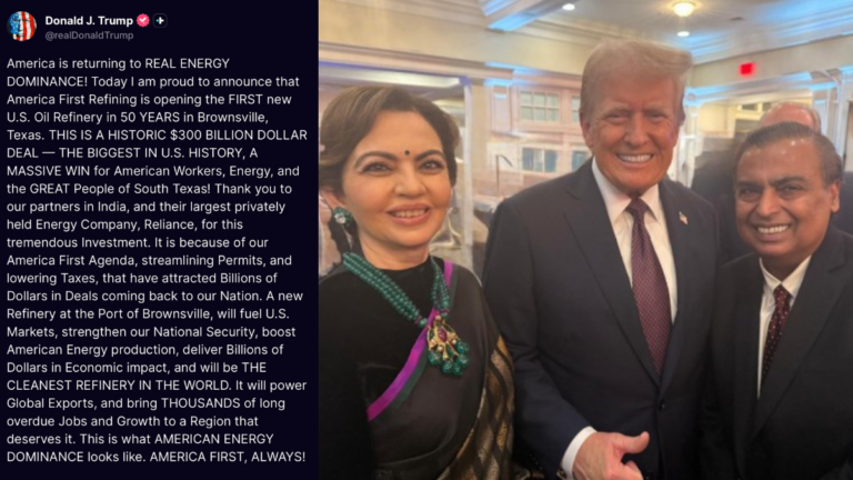 President Trump announces first new US refinery in 50 years in $300 billion deal backed by India’s Mukesh Ambani