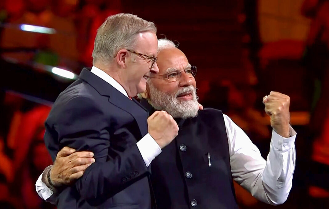 File pic: PM Narendra Modi with Anthony Albanese during an Indian community event