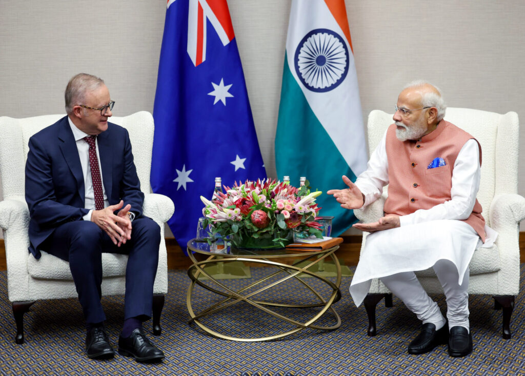Prime Minister Narendra Modi meets Australian Prime Minister Anthony Albanese, in Johannesburg on Friday.(DPR PMO/ANI Photo)