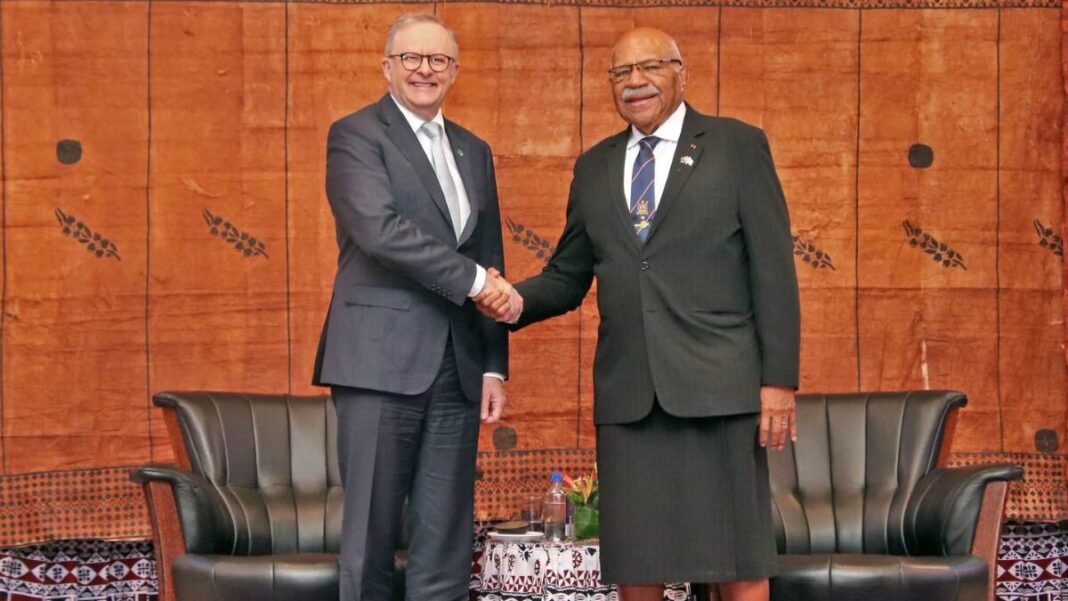 Image: Prime Minister Albanese and his Fijian counterpart, Prime Minister Sitiveni Rabuka, signed the Vuvale Union and the Ocean of Peace Alliance in Suva on Monday (Source: Facebook)