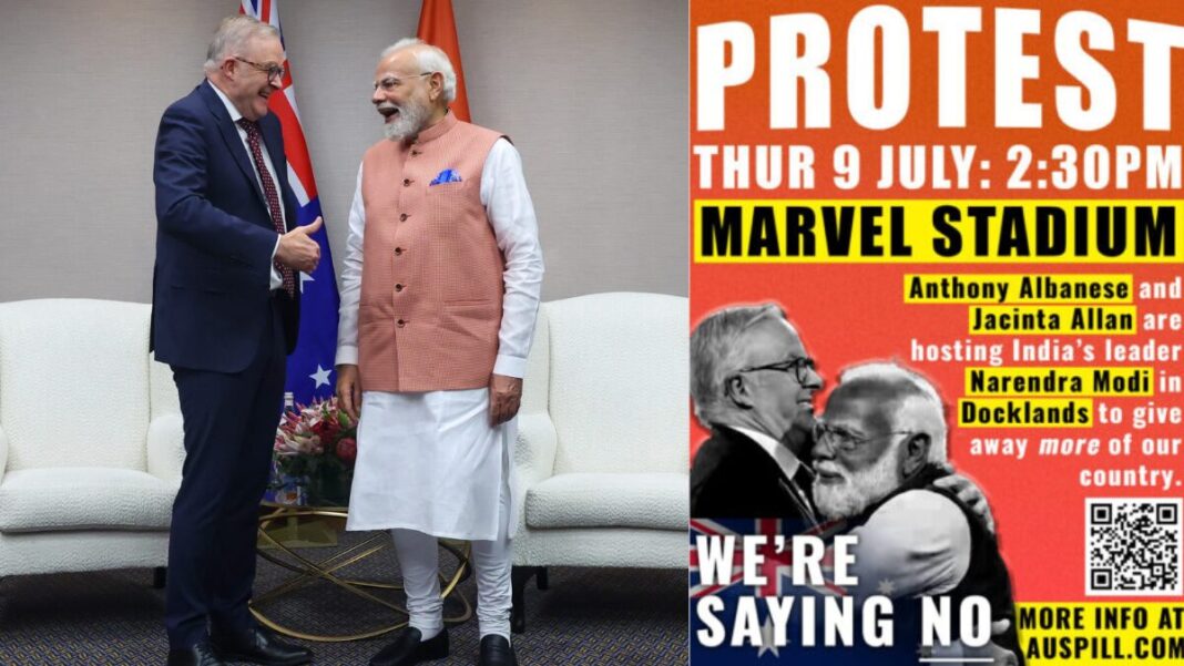 Image: Prime minsiter Anthony Albanese with Indian PM Narendra Modi (Source: X) and Protest poster (Source: X)