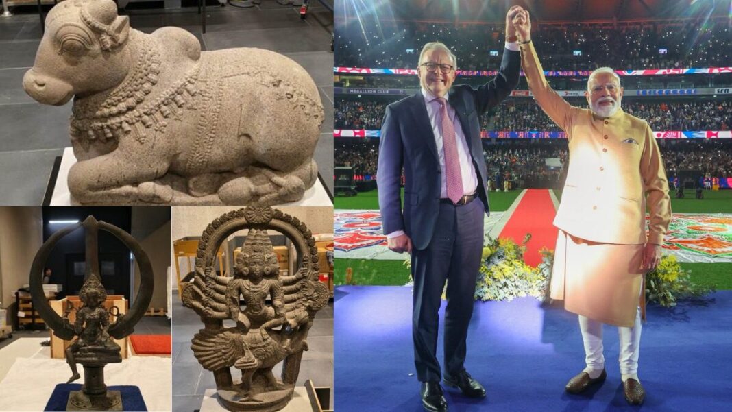Image: A ceremonial bronze trident of Goddess Bhadrakali, a majestic granite idol of Nandi, and a basalt sculpture depicting the six-headed Karttikeya (Source: X) and Prime Minister Narendra Modi and Prime Minister Anthony Albanese at Marvel Stadium (Source: X)