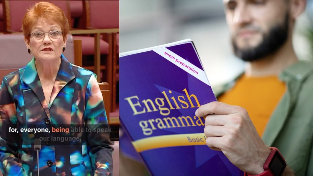 Image: One Nation leader Pauline Hanson called for tougher English language standards for overseas students 9Source: X screenshot) and International student preparing for English exam (Source: CANVA)