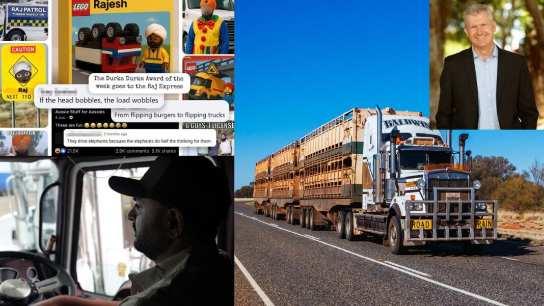 Image: Racist memes and AI-generated imagery can be found on social media. (ABC News: Jarrod Fankhauser), Jaswinder hopes other drivers will call out racism when they see it. (ABC News: Gillian Aeria) and Home Affairs Minister Tony Burke (Source: Facebook)