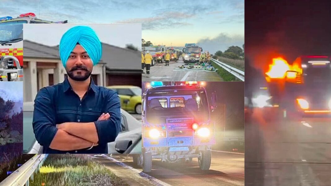 Image: Sukhjinder Singh Sandhu (Source: Facebook community group) and Firefighters battled the inferno. (Source: NSW Rural Fire Service)