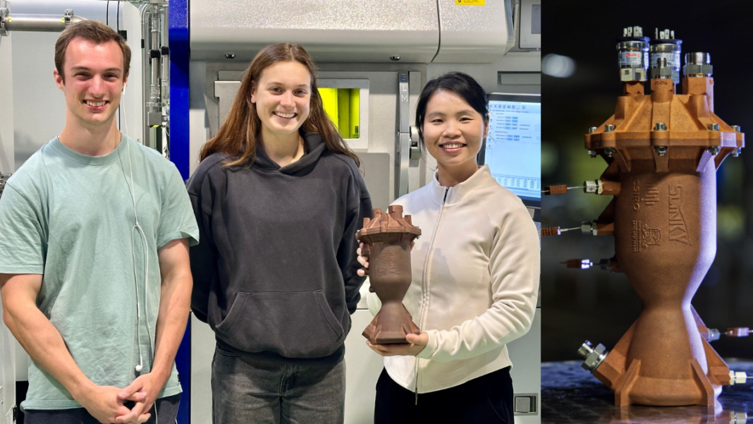 Image: University of Melbourne students and Stuart Davis and Brooke Doolan with CSIRO's Dr Cherry Chen holding the rocket engine. (Source: CSIRO)