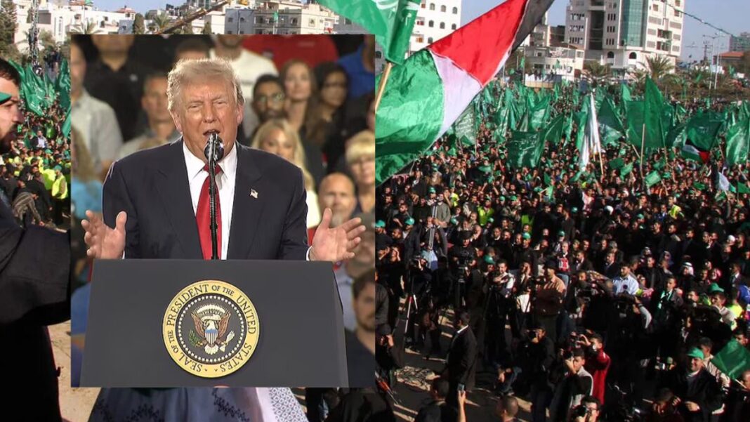 Image: US President Donald Trump (Source: ABC News screenshot) and Hamas rally (Source: Britannica screenshot)
