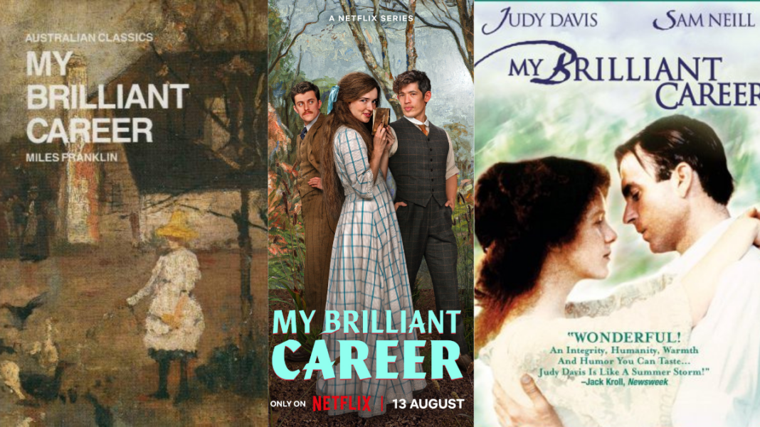 Image: Miles Franklin's My Brilliant Career book, Netflix series and movie posters