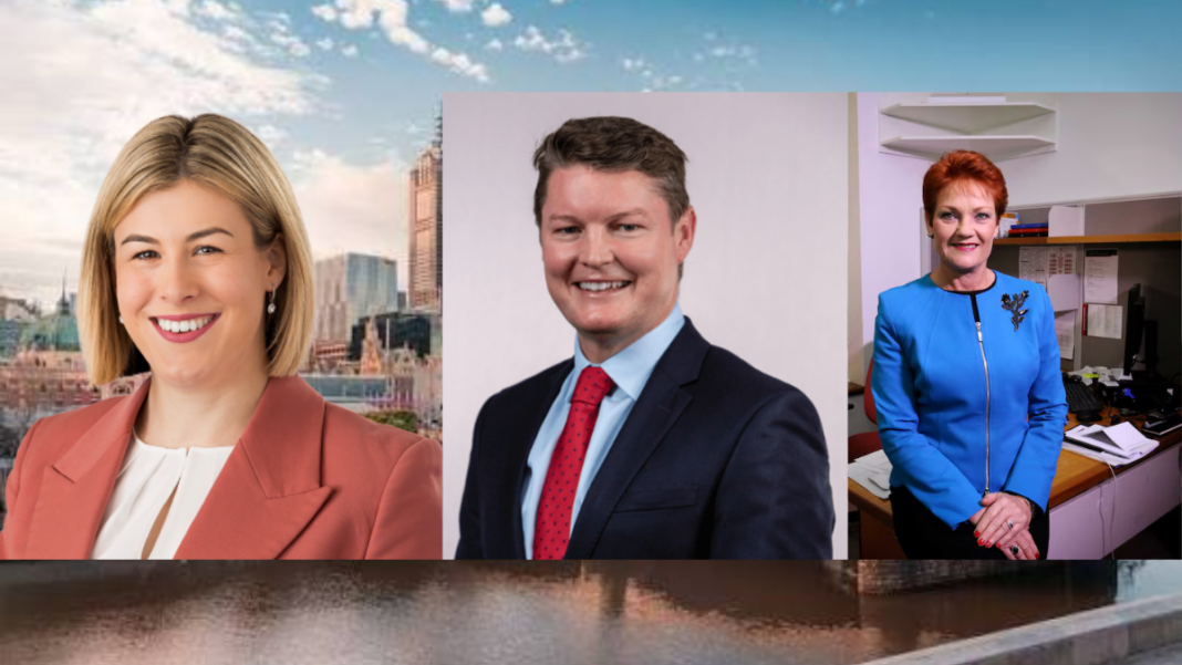 Image: Liberal leader Jess Wilson (Source: Liberal Party), Premier Ben Carroll (Source: Labor), and One Nation leader Pauline Hanson: (Source: ABC News screenshot)