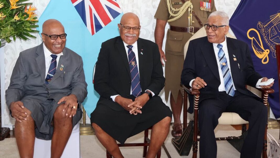 Image: Fiji's Prime Minister Sitiveni Rabuka and Deputy Prime Minister Manoa Kamikamica with President of the Republic of Fiji, His Excellency Ratu Naiqama Lalabalavu, at State House, Suva (Source: Fiji Government - Facebook)