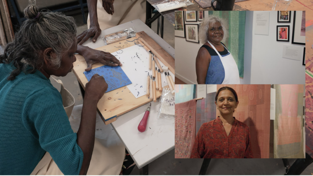Image: Senior Bábbarra artists Deborah Wurrkidj AND Tharangini director Padmini Govind (Source: Centre for Australia–India Relations)