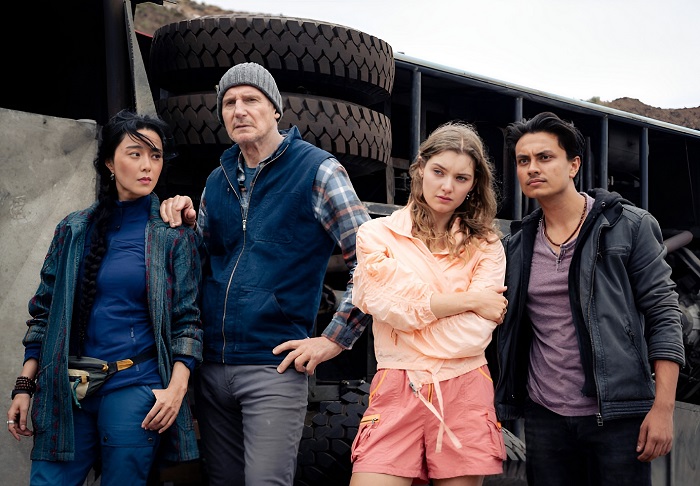 Bingbing Fan, Liam Neeson, Grace O’Sullivan and Saksham Sharma in Ice Road- Vengeance;; Image Source: FilmInk