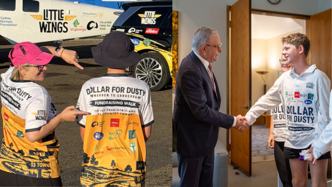 Image: Twelve-year-old Dusty Langby has completed a gruelling 500-kilometre, 16-day walk from Warren in western NSW to Canberra, raising more than $423,000 to help seriously ill children and families in regional Australia (Source: ABC and LinkedIn)