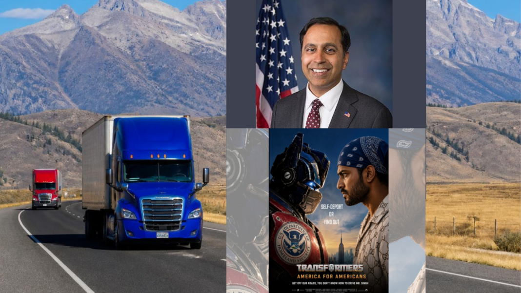 Image: Truck 9Source: CANVA), Congressman Raja Krishnamoorthi (Source: Hosue.gov) and Image: US Homeland Security Ad (Source: X)