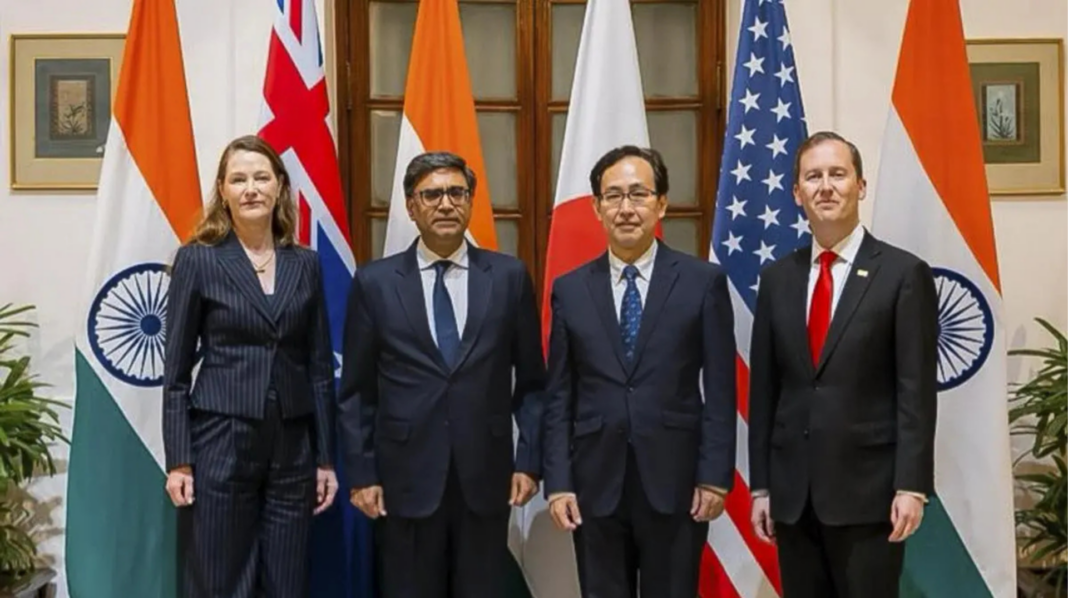 Australian DFAT Deputy Secretary Elly Lawson, Foreign Secretary Vikram Misri, Japan's Senior Deputy Minister for Foreign Affairs Hiroyuki Namazu, and US Ambassador to India Sergio Gor during the Quad Sherpas meeting, in New Delhi; Image Source: (@USAmbIndia/X Australian DFAT Deputy Secretary Elly Lawson, Foreign Secretary Vikram Misri, Japan's Senior Deputy Minister for Foreign Affairs Hiroyuki Namazu, and US Ambassador to India Sergio Gor during the Quad Sherpas meeting, in New Delhi; Image Source: (@USAmbIndia/X