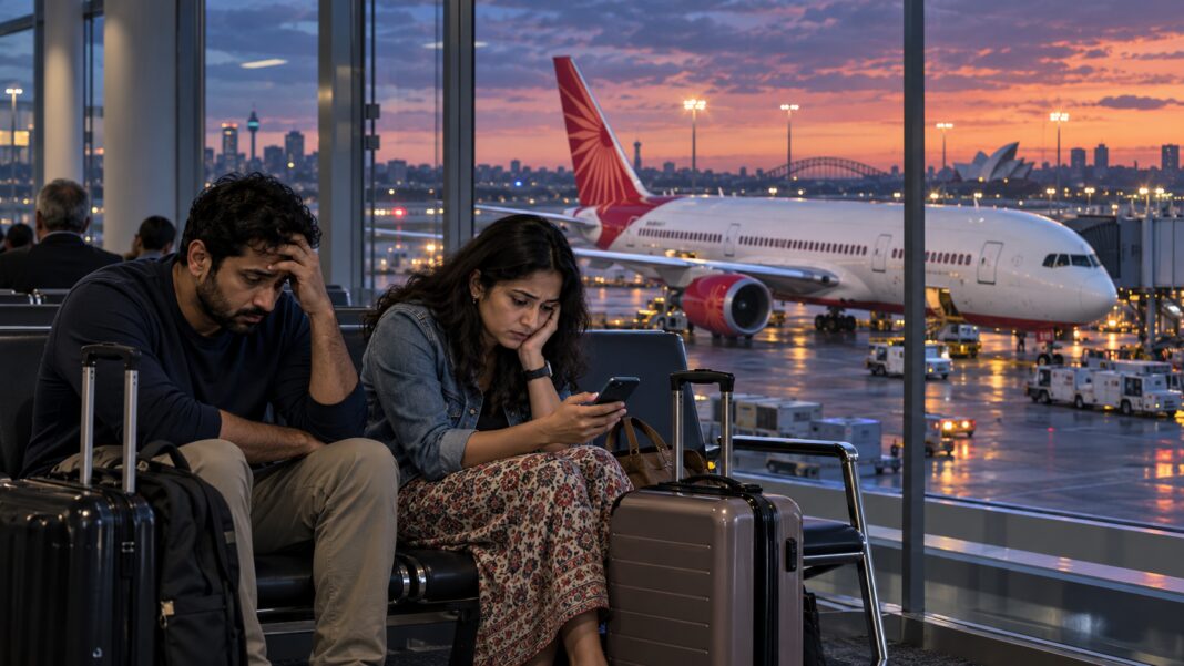 Representative Air India travelers await refunds at gate; Image Source: The Australia Today