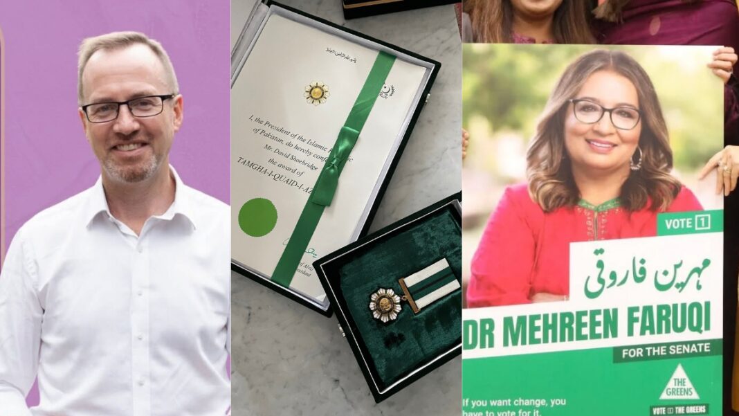 Image: NSW Senator and Pakistan’s Tamgha-i-Quaid-i-Azam awardee David Shoebridge and Pakistani-origin Senator Mehreen Faruqi (Source: Facebook)