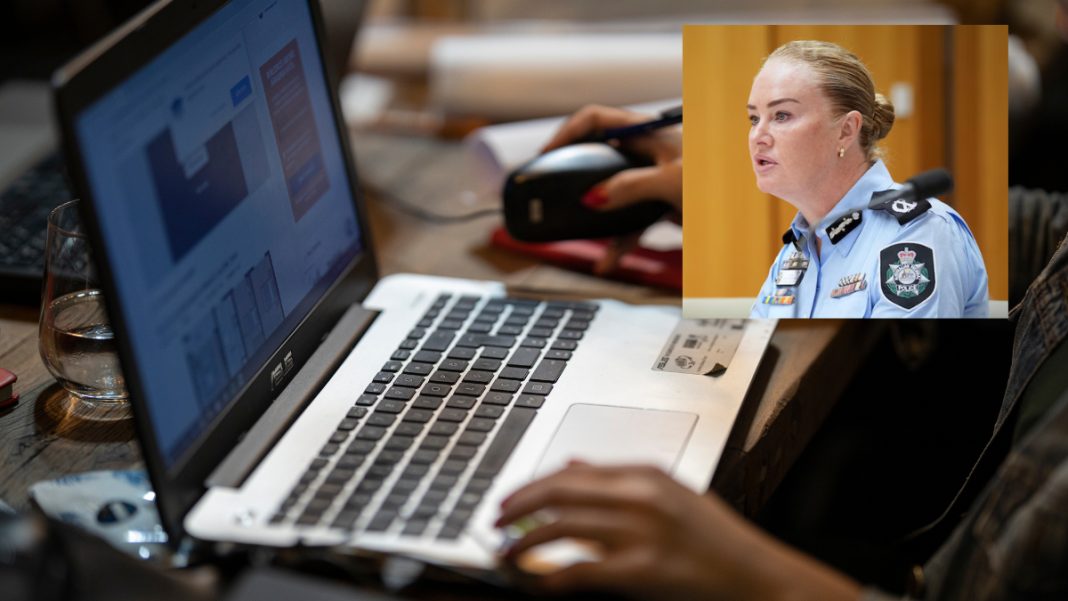 Image: Acting Australian Federal Police (AFP) Deputy Commissioner Sandra Booth (Source: ABC News screenshot) and Online radicalisation (Source: CANVA)